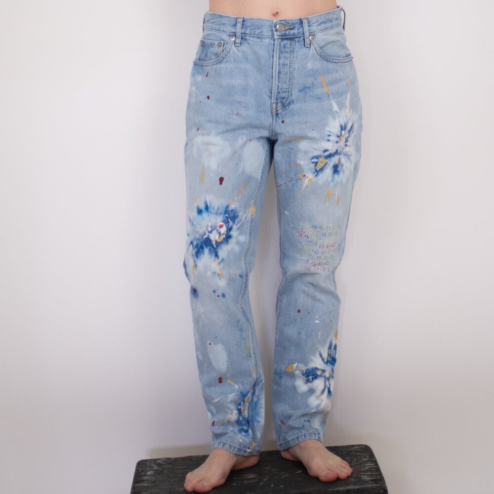 CUSTOM hand dyed, painted and embroidered jeans